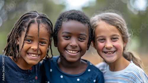 A portrait of three happy kids of different races