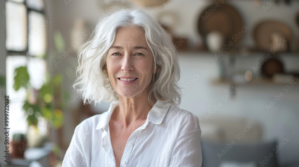 Fototapeta premium A realistic, detailed image of a cheerful middle-aged woman with white hair