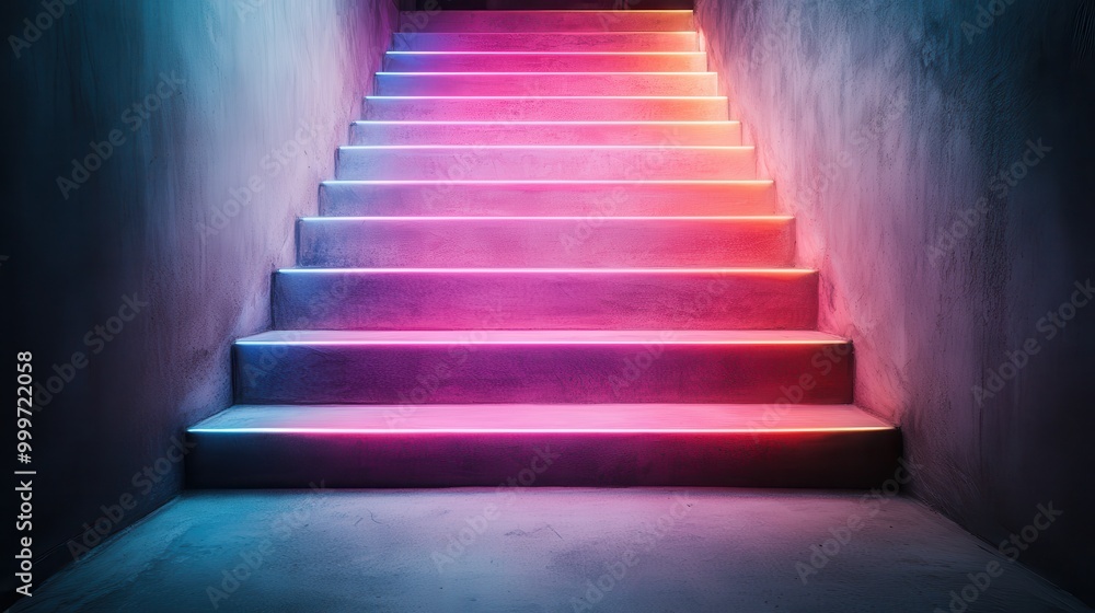A staircase featuring colored neon lights in a sleek concrete interior setting. The lively hues contrast with the minimalist architecture, providing a captivating focal point. A staircase featuring colored neon lights in a sleek concrete interior setting. The lively hues contrast with the minimalist architecture, providing a captivating focal point.