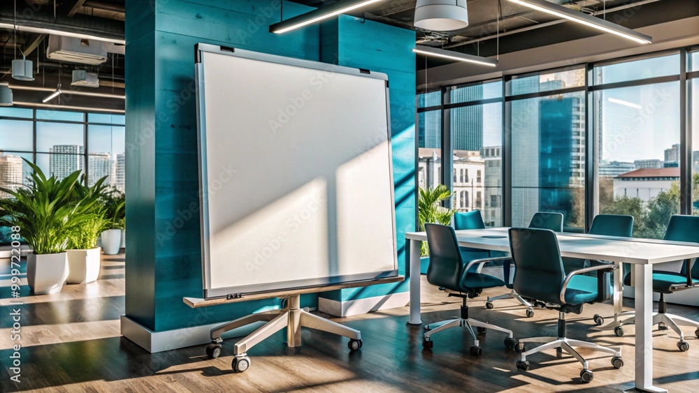 Large empty white wide whiteboard on wheels in a bright modern office space Large empty white wide whiteboard on wheels in a bright modern office space