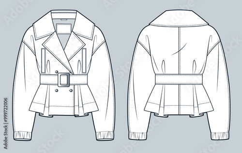 Belted Jacket technical fashion Illustration. Cropped Trench Coat fashion flat technical drawing template, double-breasted, buttons, pockets, front and back view, white, women, men, unisex CAD mockup.