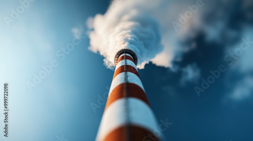 A towering industrial chimney releasing smoke into the clear blue sky, illustrating themes of industrialization, environmental impact, and the contrast between nature and man-made structures. photo