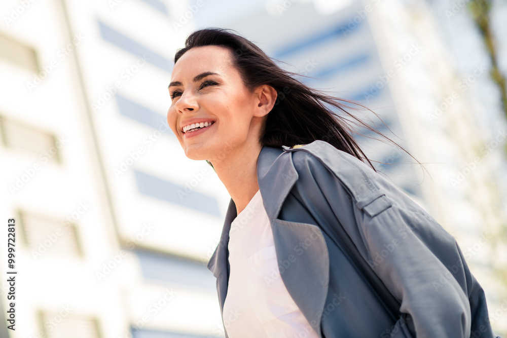 Photo of dreamy attractive lady dressed grey coat walking shopping enjoying good weather outdoors town street Photo of dreamy attractive lady dressed grey coat walking shopping enjoying good weather outdoors town street