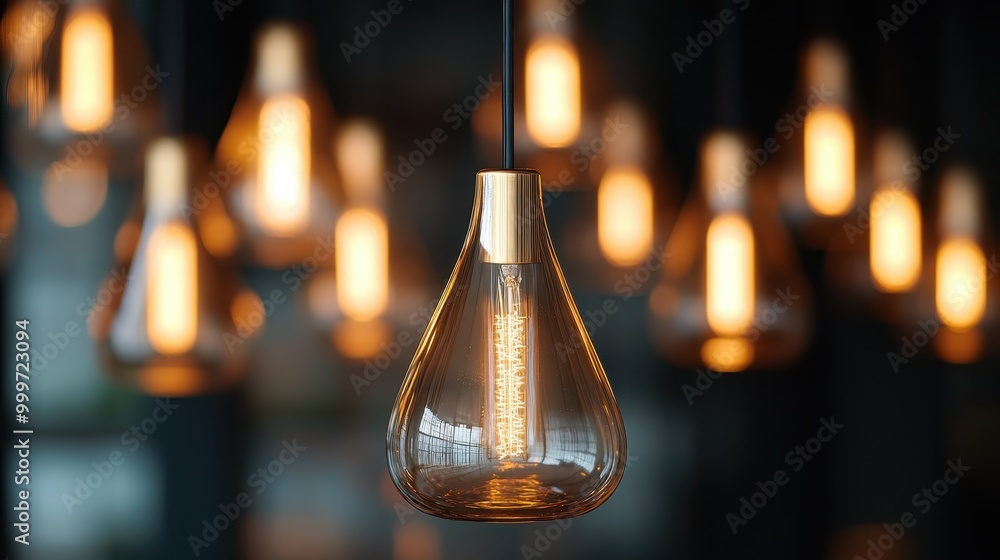 The image depicts modern teardrop-shaped light bulbs emitting a warm light, creating an elegant and cozy atmosphere ideal for contemporary interiors and sophisticated decoration. The image depicts modern teardrop-shaped light bulbs emitting a warm light, creating an elegant and cozy atmosphere ideal for contemporary interiors and sophisticated decoration.