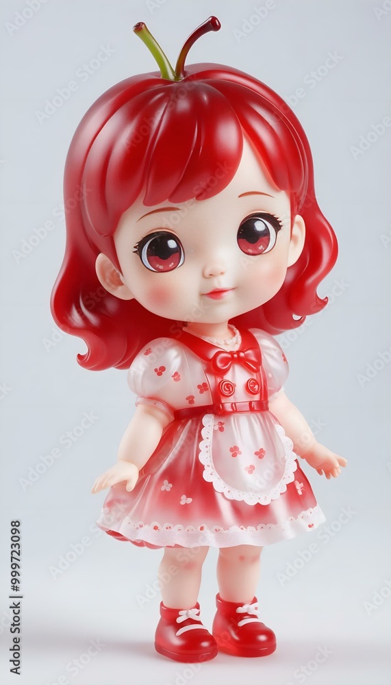 Cute cherry-themed doll with red hair and dress, standing against simple background Cute cherry-themed doll with red hair and dress, standing against simple background
