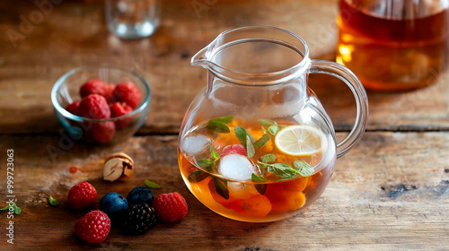 Closeup fresh hot aroma black tea with limon and berries from jar teapot into glass cup on wooden table, autumn athmosphere photo