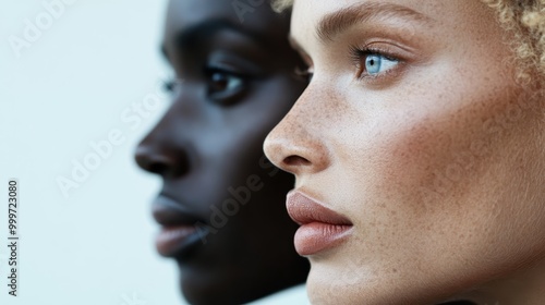 A close-up profile of two women with contrasting skin tones, illustrating beauty in diversity and unity, displayed against a minimalist background.