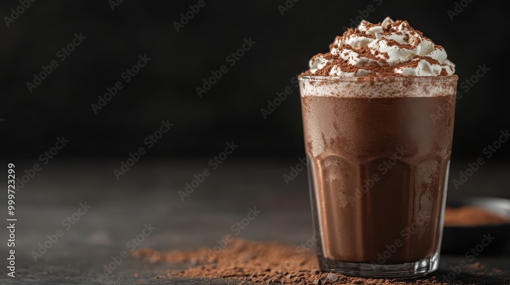 A delectable glass of rich chocolate drink, generously topped with fluffy whipped cream and dusted with cocoa powder, set against a dark background. A sweet indulgence to savor. A delectable glass of rich chocolate drink, generously topped with fluffy whipped cream and dusted with cocoa powder, set against a dark background. A sweet indulgence to savor.