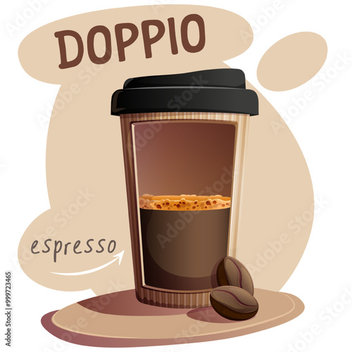 Dopio coffee in paper cup with coffee beans. Vector illustration for banner, website, poster, menu. Illustration for cafe, coffee house, bar, food concept, recipe