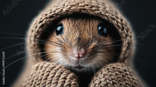 An adorable mouse is seen up close, wrapped snugly in a cozy knit wrap, highlighting its tiny features and creating a heartwarming scene filled with charm and cuteness. photo