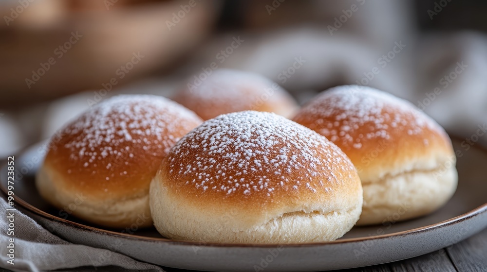 A plate holding five beautifully baked soft rolls, lightly dusted with powdered sugar, showcasing their golden brown tops, creating a warm and inviting presentation. A plate holding five beautifully baked soft rolls, lightly dusted with powdered sugar, showcasing their golden brown tops, creating a warm and inviting presentation.
