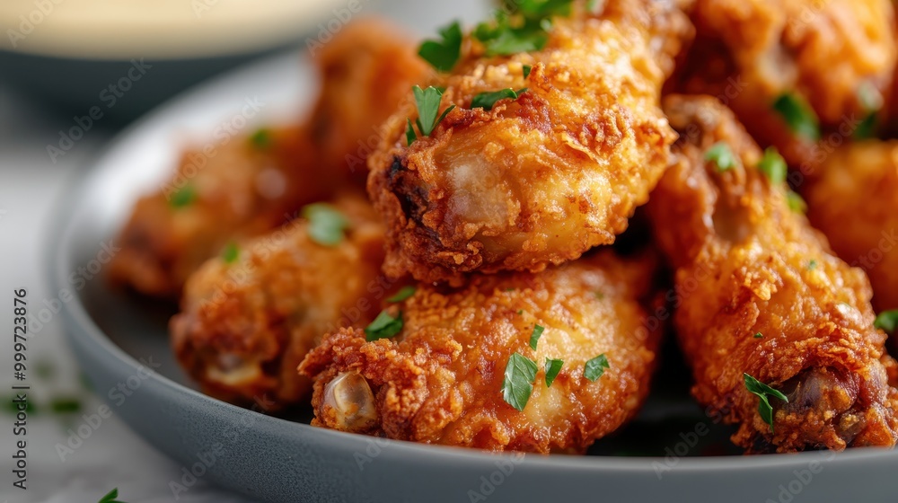 A close-up of delicious crispy fried chicken wings adorned with finely chopped herbs, served on a gray plate, presenting a mouth-watering and savory dish. A close-up of delicious crispy fried chicken wings adorned with finely chopped herbs, served on a gray plate, presenting a mouth-watering and savory dish.
