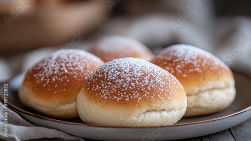 A plate holding five beautifully baked soft rolls, lightly dusted with powdered sugar, showcasing their golden brown tops, creating a warm and inviting presentation.