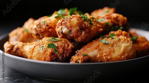 A closeup view of crispy golden brown fried chicken drumsticks, garnished with fresh herbs, arranged beautifully on a dark plate, tempting the senses with their crunchy texture.