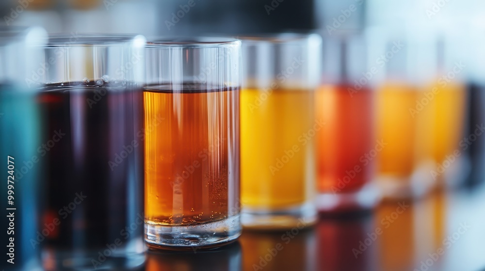 A collection of colorful beverages in clear glasses, arranged in a row on a reflective surface. Each glass contains a different color, creating a vibrant and inviting scene. A collection of colorful beverages in clear glasses, arranged in a row on a reflective surface. Each glass contains a different color, creating a vibrant and inviting scene.