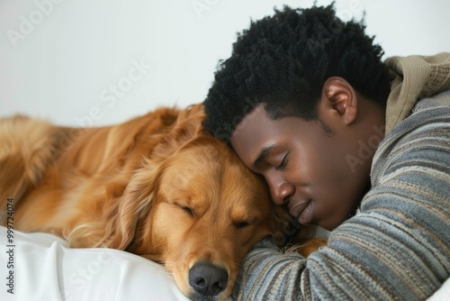 A young man is sleeping with his loyal dog by his side