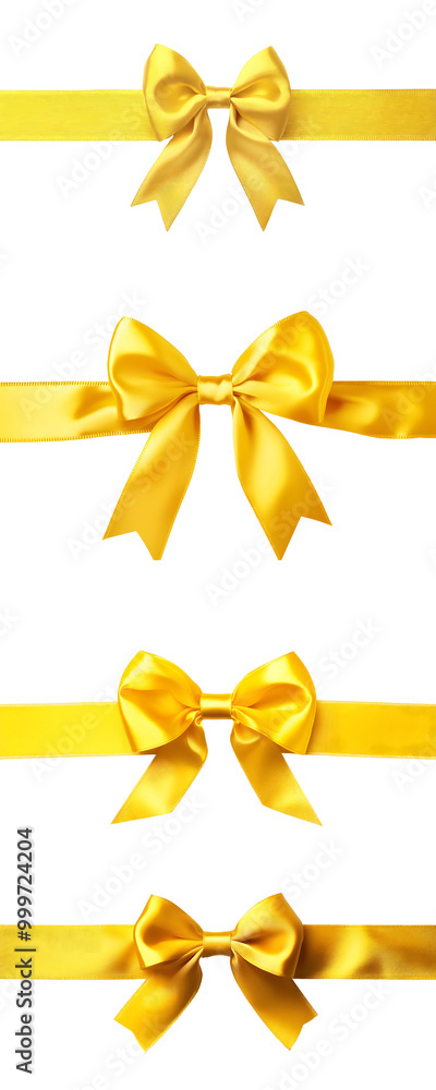 yellow gift bow and gift ribbon made of yellow satin fabric panorama. Gift, bow, ribbon, Banner template for greeting cards and postcards, transparent background yellow gift bow and gift ribbon made of yellow satin fabric panorama. Gift, bow, ribbon, Banner template for greeting cards and postcards, transparent background