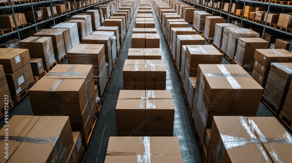 An expansive warehouse interior featuring multiple rows of pallets neatly stacked with boxes, representing the organized and systematic approach of modern storage solutions. An expansive warehouse interior featuring multiple rows of pallets neatly stacked with boxes, representing the organized and systematic approach of modern storage solutions.