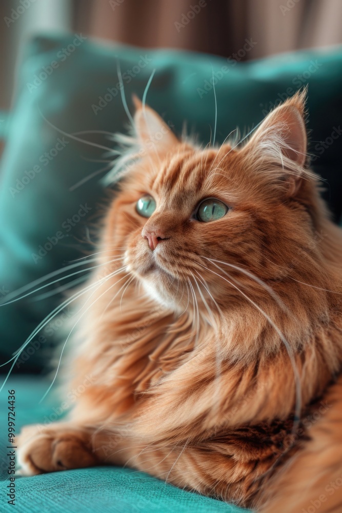 A domestic orange cat is relaxing on a blue couch A domestic orange cat is relaxing on a blue couch