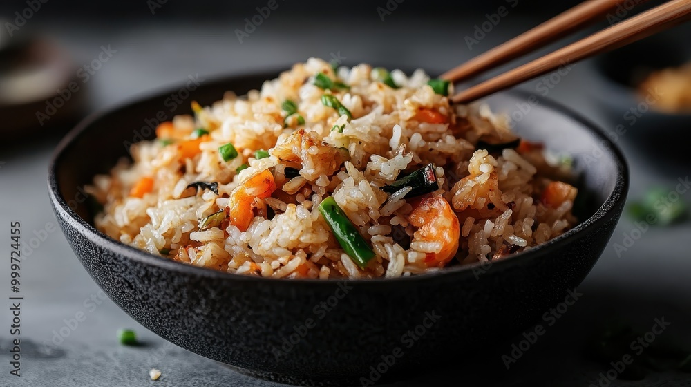 A delicious serving of shrimp fried rice, garnished with fresh spring onions, presented in a black bowl with chopsticks, showcasing a mix of savory flavors and textures. A delicious serving of shrimp fried rice, garnished with fresh spring onions, presented in a black bowl with chopsticks, showcasing a mix of savory flavors and textures.