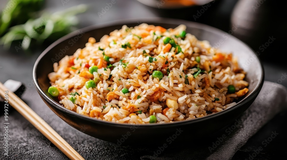 A delicious bowl of vegetable fried rice featuring green peas, carrots, and other mixed vegetables, perfect for a nutritious and colorful meal, displayed in a black bowl. A delicious bowl of vegetable fried rice featuring green peas, carrots, and other mixed vegetables, perfect for a nutritious and colorful meal, displayed in a black bowl.