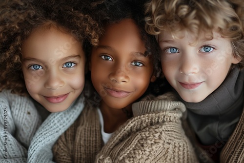 Closeup of three children, two girls and one boy from different ethnicities smiling at the camera photo