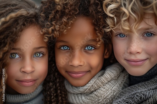 Closeup of three children, two girls and one boy from different ethnicities smiling at the camera photo