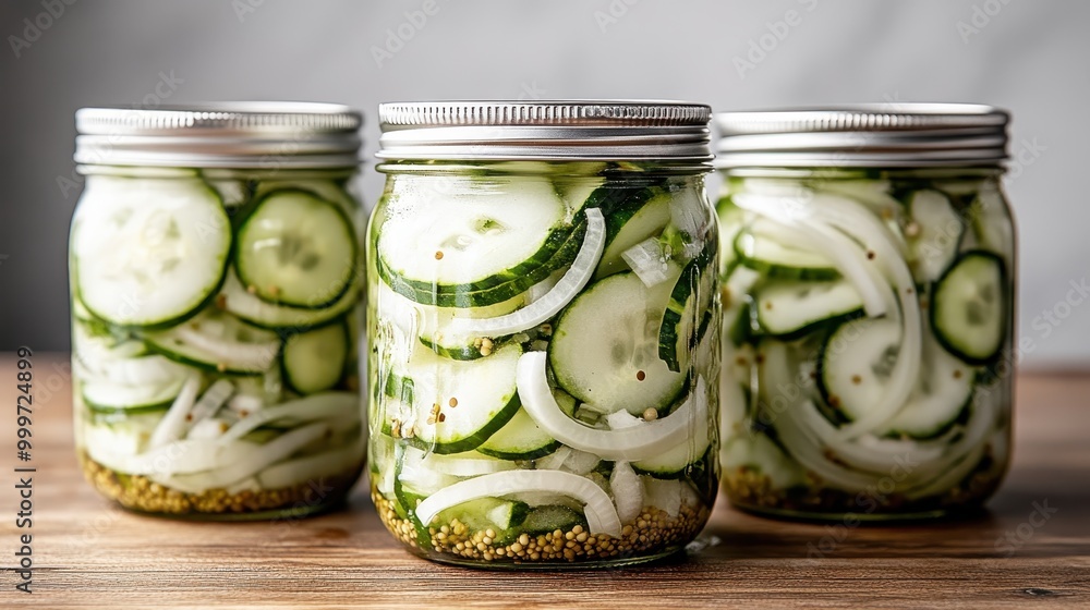 Three jars filled with freshly sliced cucumbers and onions are arranged on a wooden surface, showcasing the intricate details and vibrant colors of the pickled vegetables. Three jars filled with freshly sliced cucumbers and onions are arranged on a wooden surface, showcasing the intricate details and vibrant colors of the pickled vegetables.