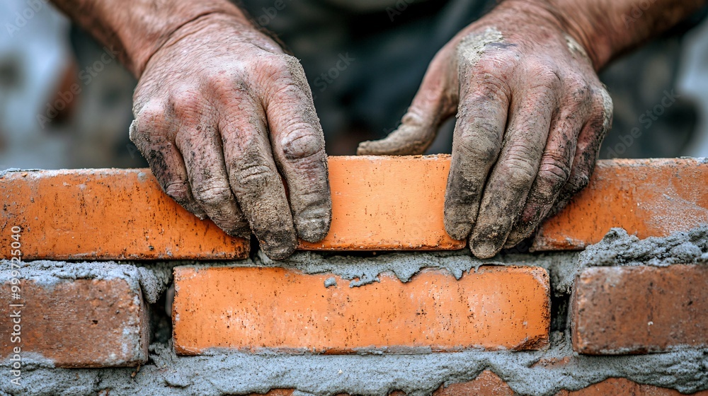 Closeup of a pair of dirty hands placing a brick in a wall. Closeup of a pair of dirty hands placing a brick in a wall.
