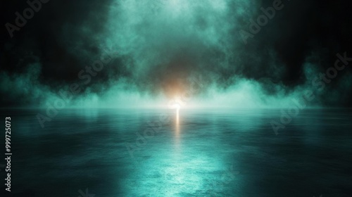 A serene foggy scene with a glowing horizon reflected on a calm surface, evoking tranquility and mystery.