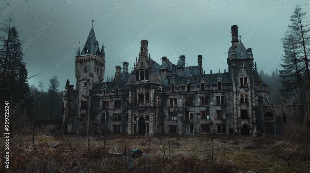 Fototapeta premium An ancient castle surrounded by dense trees and foliage