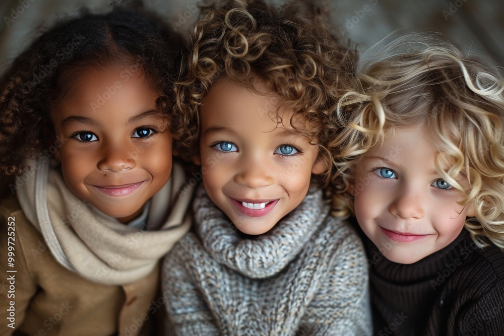 Closeup of three children, two girls and one boy with dark skin tone Closeup of three children, two girls and one boy with dark skin tone