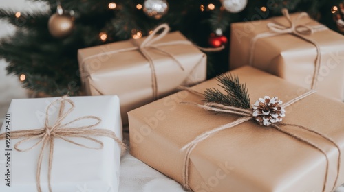 Elegant Christmas Presents Wrapped in Festive Paper Under Tree