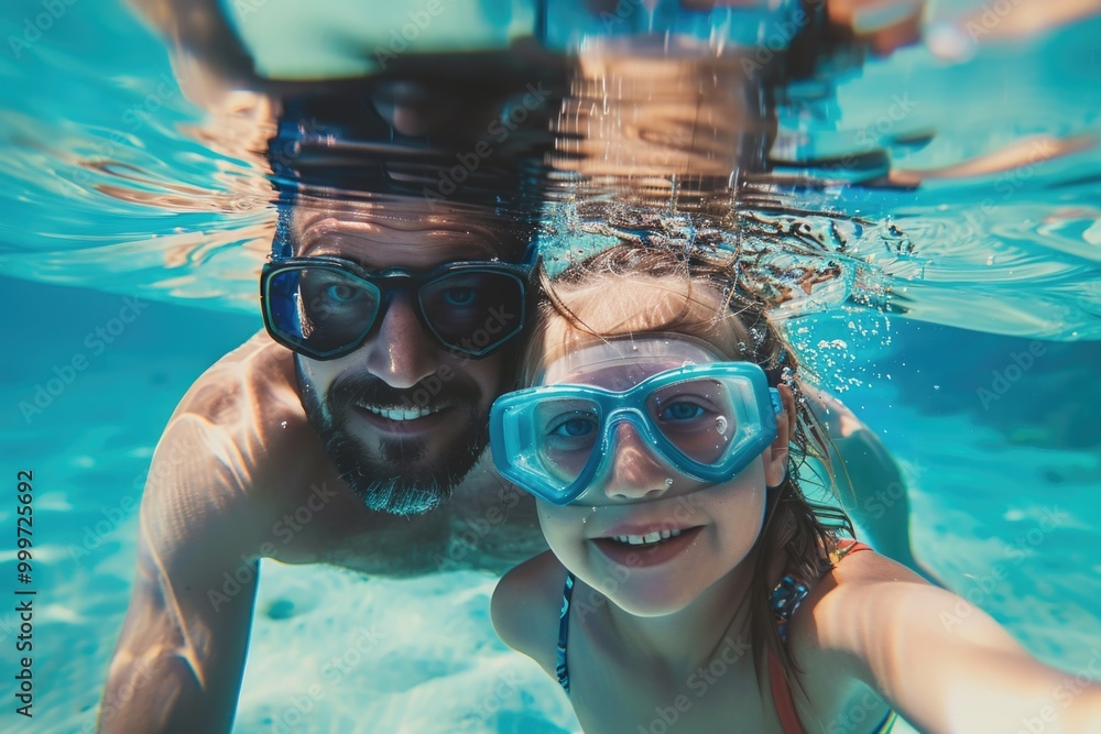 Fototapeta premium Couple swimming together underwater with goggles on