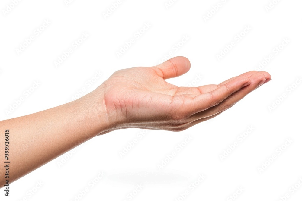 A person holding out their hand on a white background, ideal for representing an open and inviting gesture A person holding out their hand on a white background, ideal for representing an open and inviting gesture