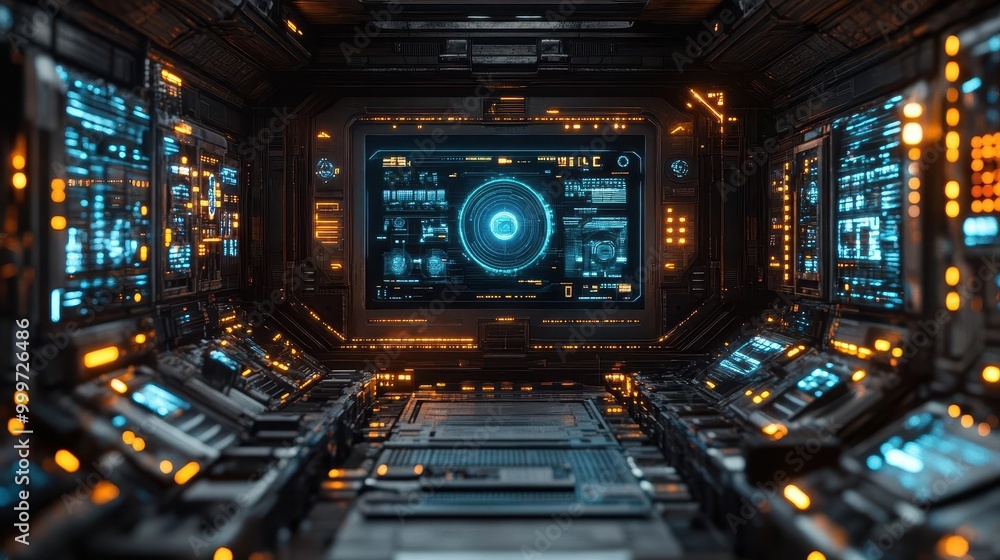 Naklejka premium futuristic factory interior holographic interfaces robotic arms smart manufacturing process blue tech glow industry 40 concept visualization