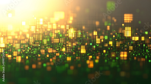 Abstract digital background with glowing green and yellow squares in a gradient light setting during a futuristic themed design