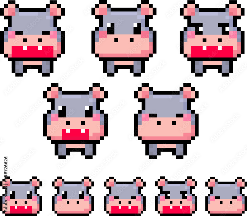 Obraz premium set of cute hippopotamus in pixel art vector