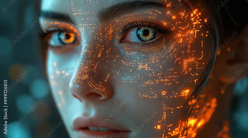 futuristic female robot face with intricate circuitry and glowing eyes blend of human features and advanced technology showcases artificial intelligence concept futuristic female robot face with intricate circuitry and glowing eyes blend of human features and advanced technology showcases artificial intelligence concept