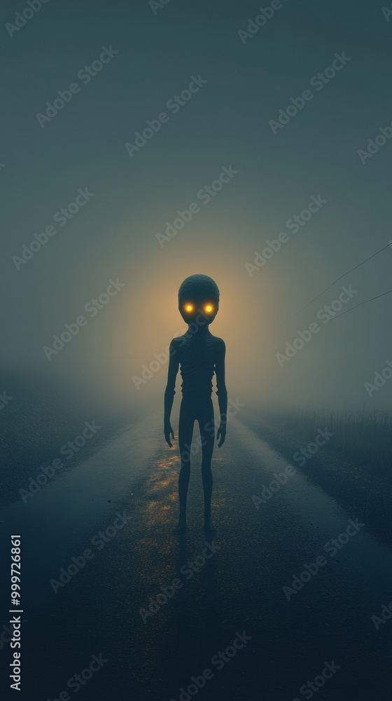 Fototapeta premium Alien figure with glowing eyes standing on foggy road at night, mysterious atmosphere. Science fiction and extraterrestrial concept