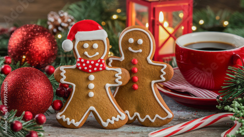 Festive Gingerbread Couple with Christmas Ornaments and Coffee