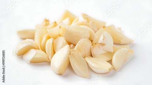 peeled garlic on white background