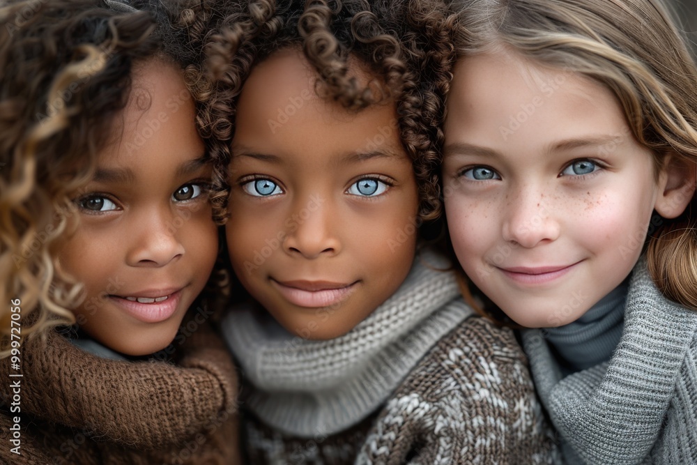Closeup of three happy children, two girls and one boy with dark skin color in the center of frame smiling at camera Closeup of three happy children, two girls and one boy with dark skin color in the center of frame smiling at camera