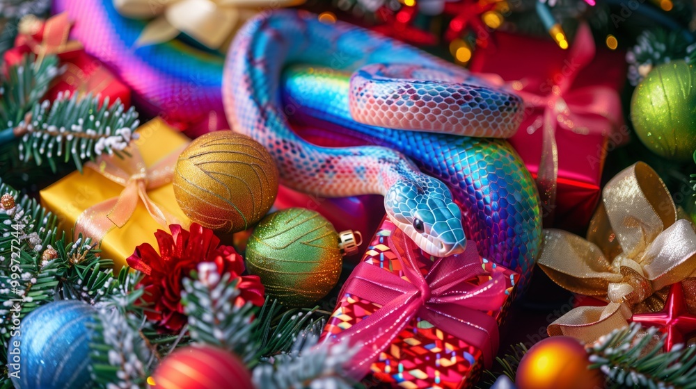 A beautiful, colorful snake crawls over Christmas gifts and tree decorations A beautiful, colorful snake crawls over Christmas gifts and tree decorations