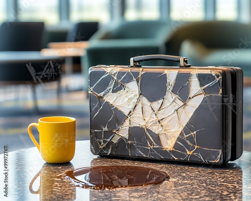 A broken briefcase and a yellow mug on a reflective table in a modern lounge with blurred chairs and large windows in the background.