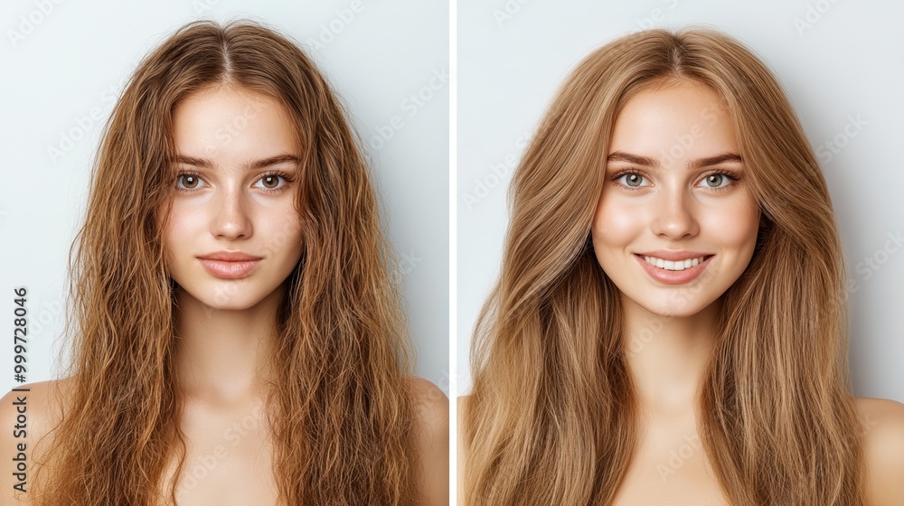 Before and after photo of a woman with frizzy hair, now with smooth, straight hair. Before and after photo of a woman with frizzy hair, now with smooth, straight hair.