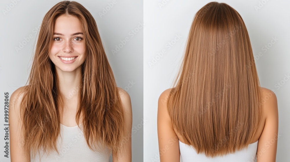 Before and after photo of a woman with long brown hair, showcasing a hair treatment or styling product. Before and after photo of a woman with long brown hair, showcasing a hair treatment or styling product.