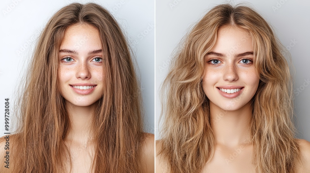 Before and after photo of a woman with straight hair and wavy hair. Before and after photo of a woman with straight hair and wavy hair.