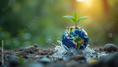  New beginnings  A seed sprouts from a waterfilled Earth photo