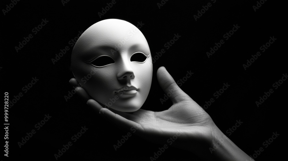 Hand holding a white mask against a dark background, mysterious and artistic concept Hand holding a white mask against a dark background, mysterious and artistic concept